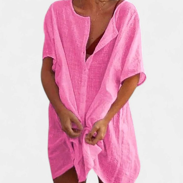 Women's Relaxed-Fit Short-Sleeve Open-Front Linen Tunic Dress - Pink