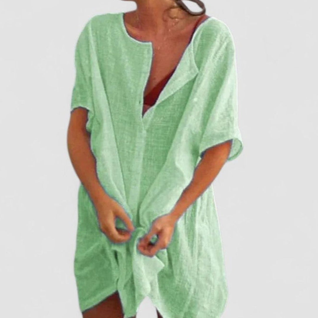 Women's Relaxed-Fit Short-Sleeve Open-Front Linen Tunic Dress