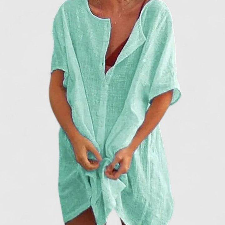 Women's Relaxed-Fit Short-Sleeve Open-Front Linen Tunic Dress - Light Green