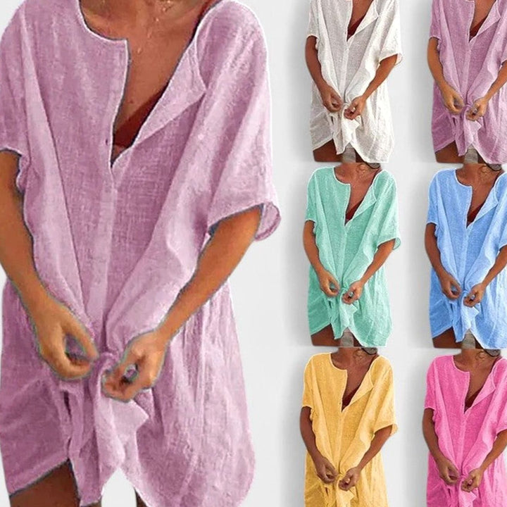 Women's Relaxed-Fit Short-Sleeve Open-Front Linen Tunic Dress