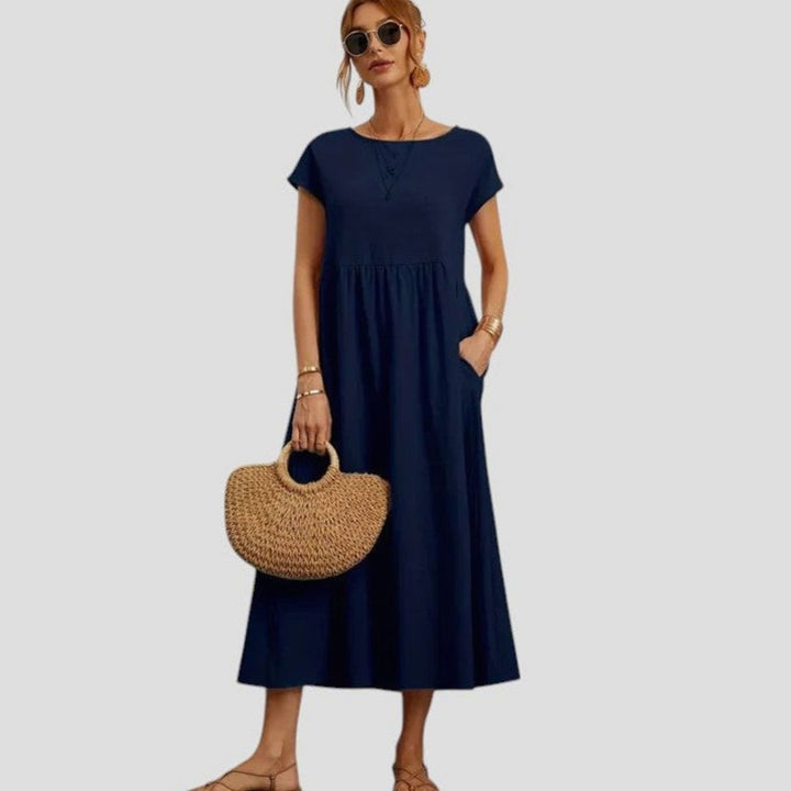 Women's Relaxed-Fit Short-Sleeve Pocketed Midi Dress - Dark Blue