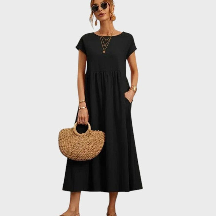 Women's Relaxed-Fit Short-Sleeve Pocketed Midi Dress - Black