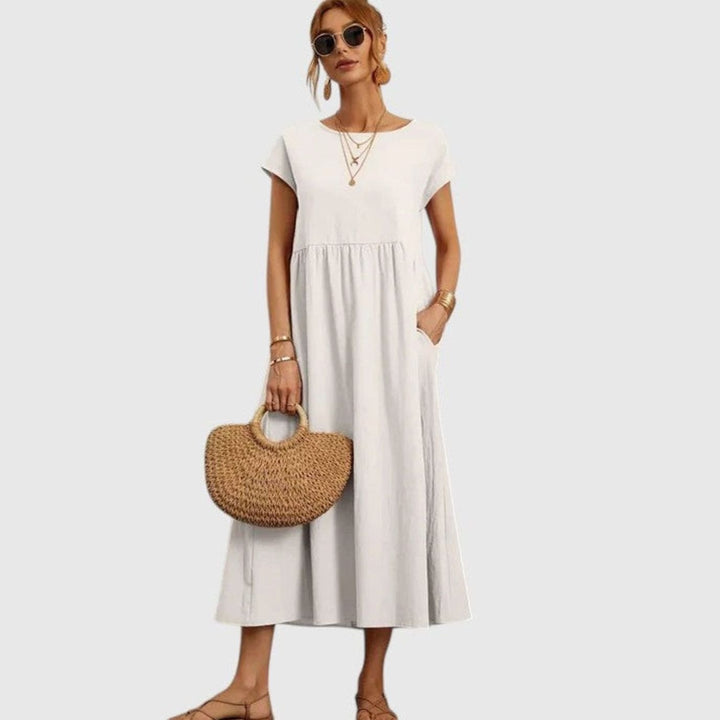 Women's Relaxed-Fit Short-Sleeve Pocketed Midi Dress - White