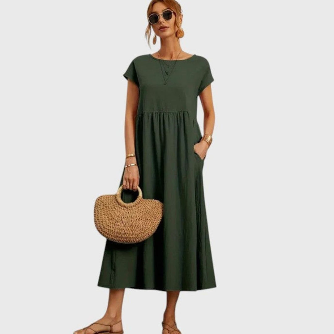 Women's Relaxed-Fit Short-Sleeve Pocketed Midi Dress - Dark Green