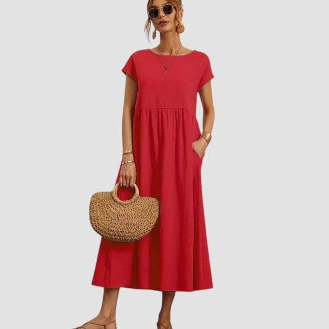 Women's Relaxed-Fit Short-Sleeve Pocketed Midi Dress - Red