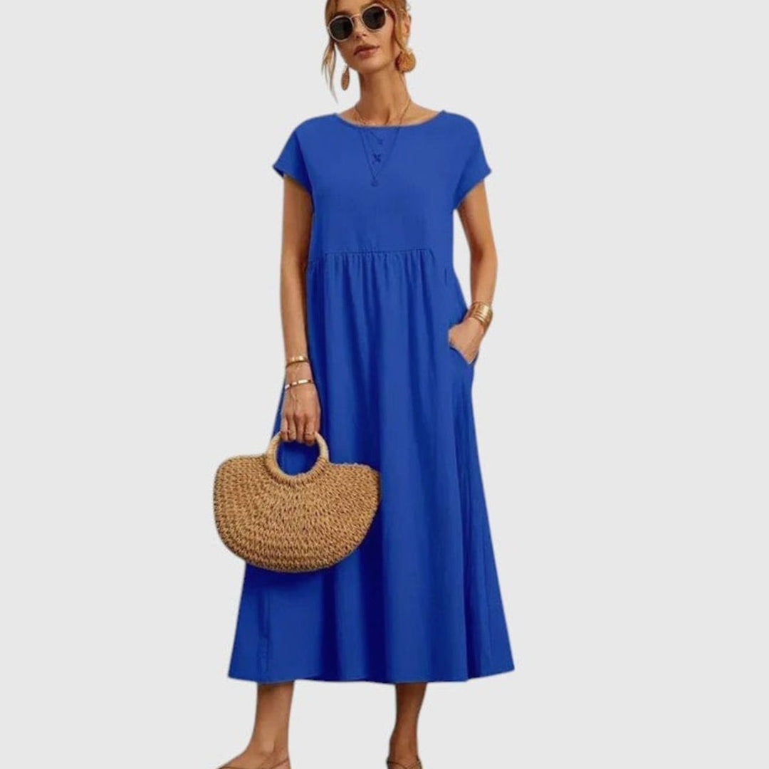 Women's Relaxed-Fit Short-Sleeve Pocketed Midi Dress - Blue
