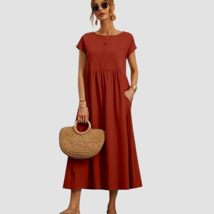Women's Relaxed-Fit Short-Sleeve Pocketed Midi Dress - Rust
