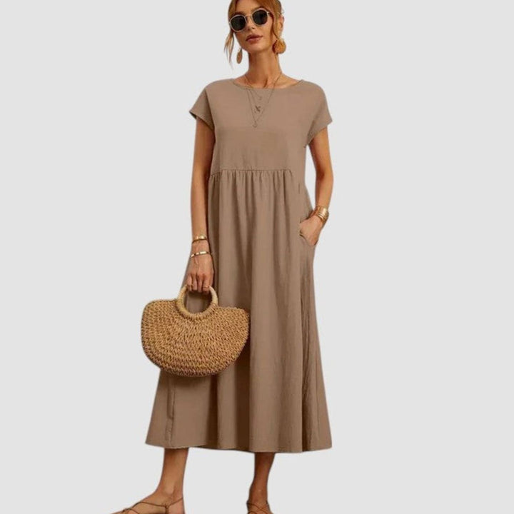 Women's Relaxed-Fit Short-Sleeve Pocketed Midi Dress - Khaki