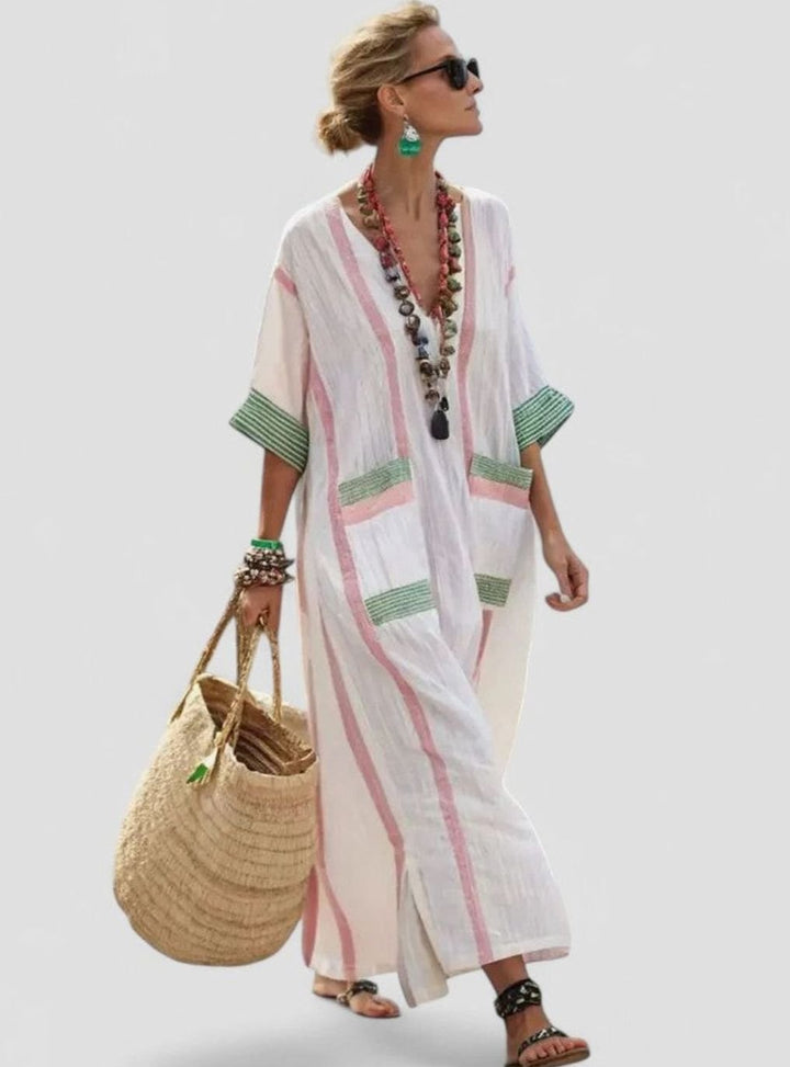 Women's Relaxed-Fit V-Neck Striped Kaftan Maxi Dress - Beige Green
