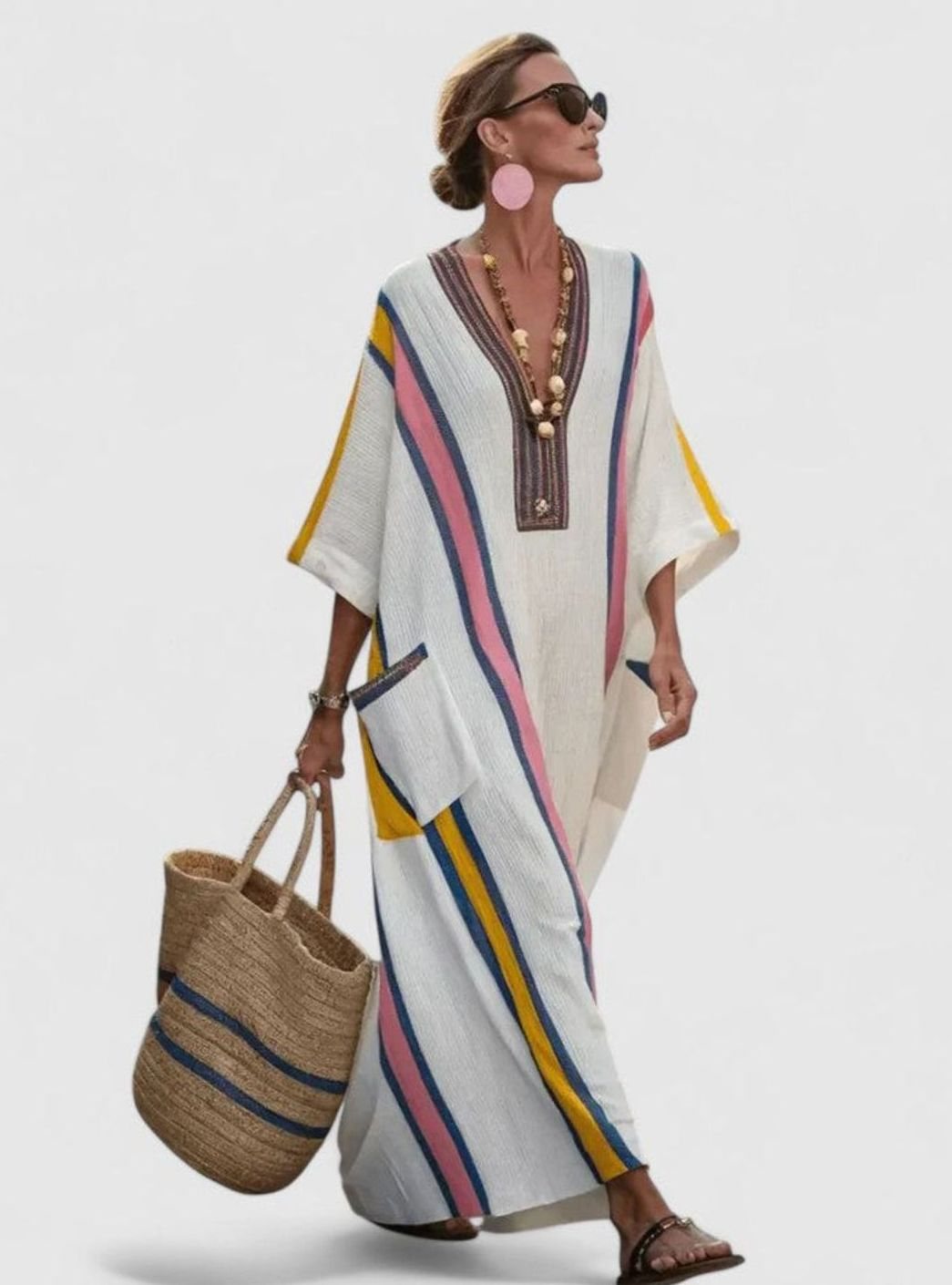 Women's Relaxed-Fit V-Neck Striped Kaftan Maxi Dress - White Pink
