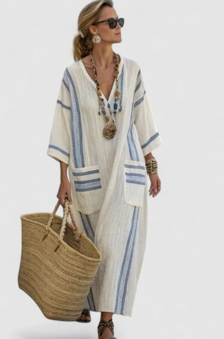 Women's Relaxed-Fit V-Neck Striped Kaftan Maxi Dress - Beige Light Blue