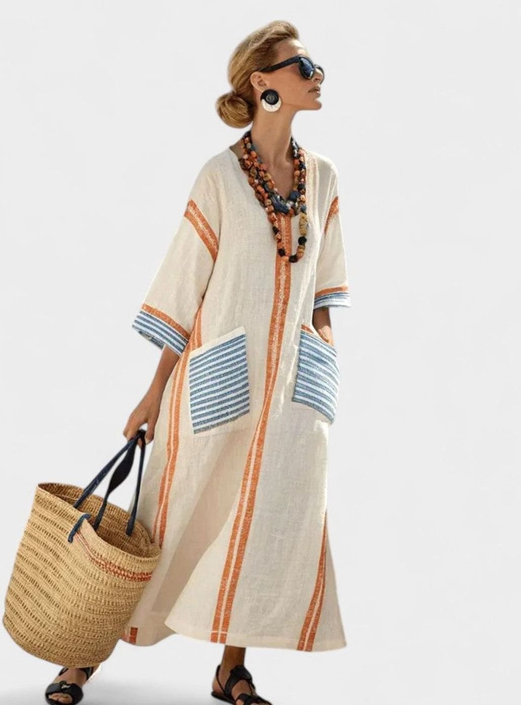 Women's Relaxed-Fit V-Neck Striped Kaftan Maxi Dress