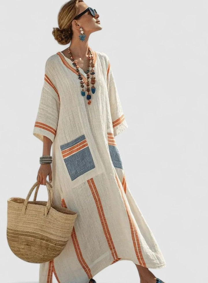 Women's Relaxed-Fit V-Neck Striped Kaftan Maxi Dress - Beige Black
