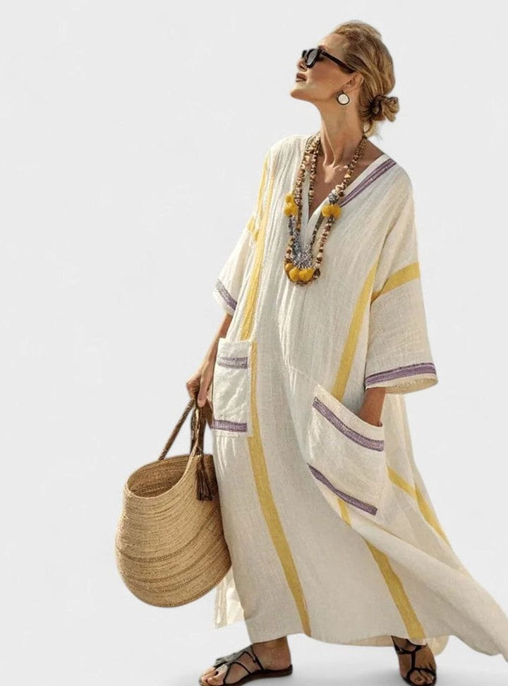 Women's Relaxed-Fit V-Neck Striped Kaftan Maxi Dress - Beige Yellow