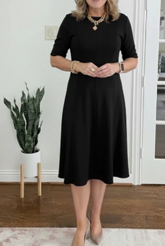 Women's Retro A-Line Short-Sleeve Round-Neck Summer Dress - Black