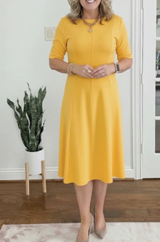 Women's Retro A-Line Short-Sleeve Round-Neck Summer Dress - Yellow