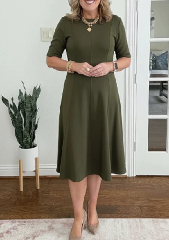 Women's Retro A-Line Short-Sleeve Round-Neck Summer Dress - Dark Green