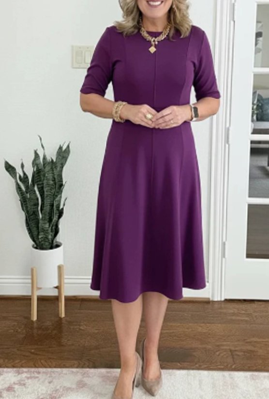 Women's Retro A-Line Short-Sleeve Round-Neck Summer Dress - Purple