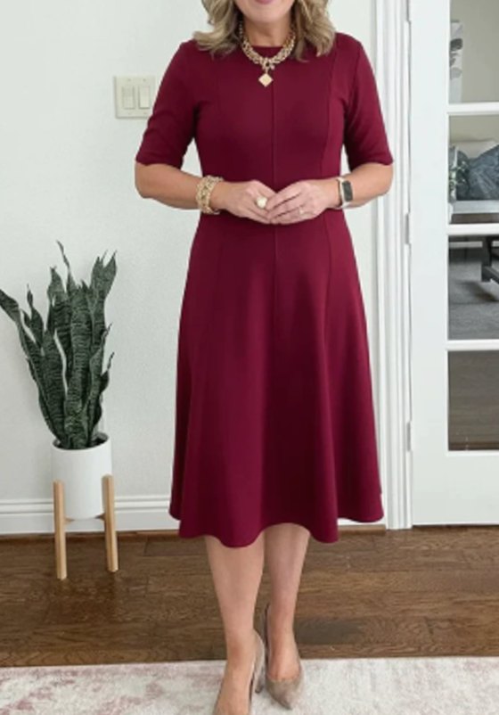 Women's Retro A-Line Short-Sleeve Round-Neck Summer Dress - Crimson Red