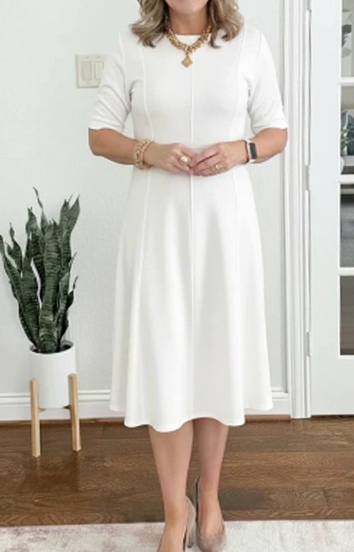 Women's Retro A-Line Short-Sleeve Round-Neck Summer Dress - White