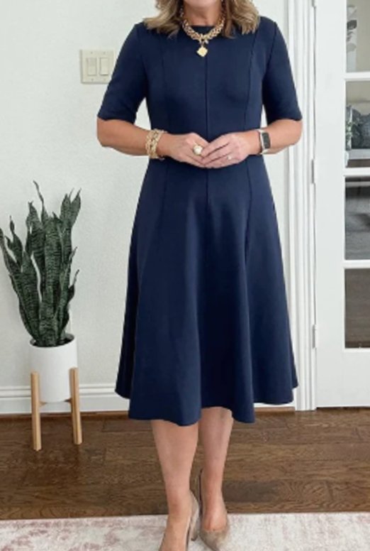 Women's Retro A-Line Short-Sleeve Round-Neck Summer Dress - Royal Blue