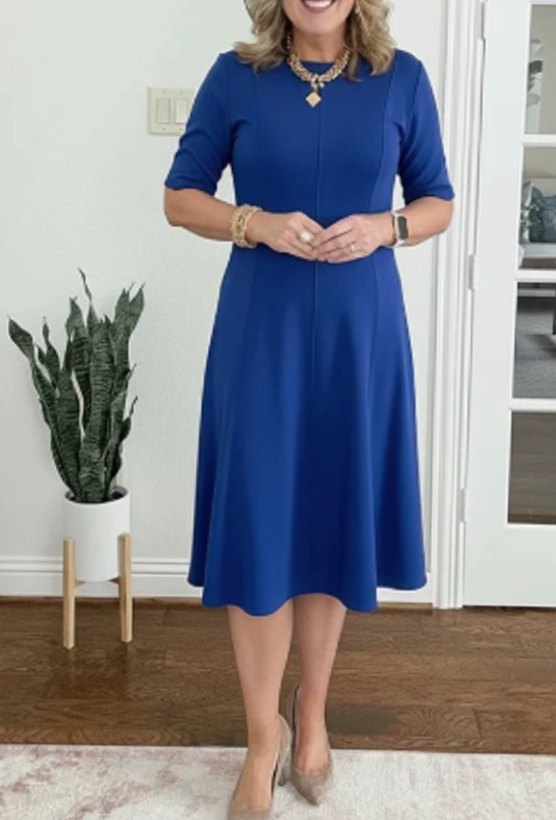 Women's Retro A-Line Short-Sleeve Round-Neck Summer Dress - Blue
