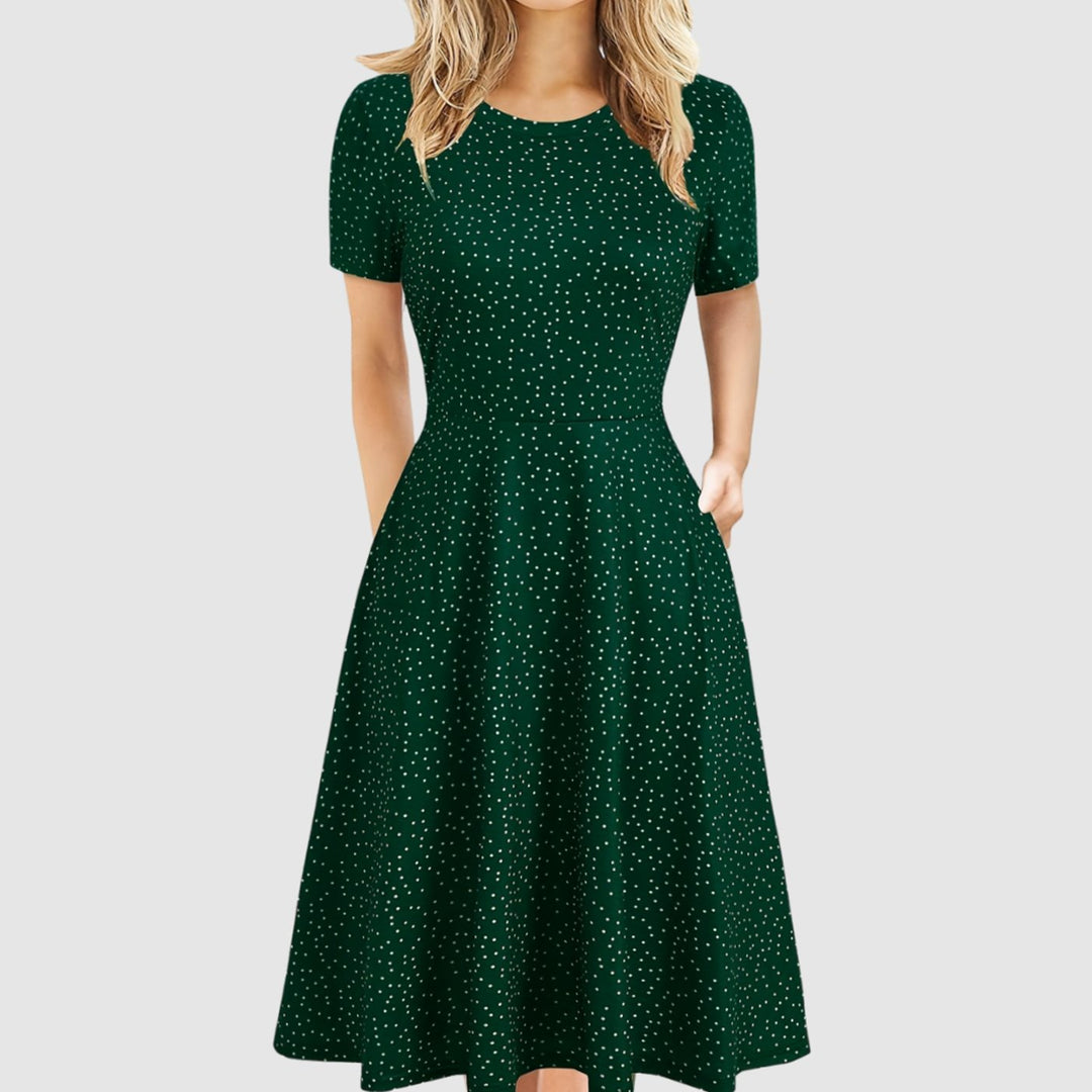 Women's Retro A-Line Short-Sleeve Round-Neck Summer Dress - Green Dot