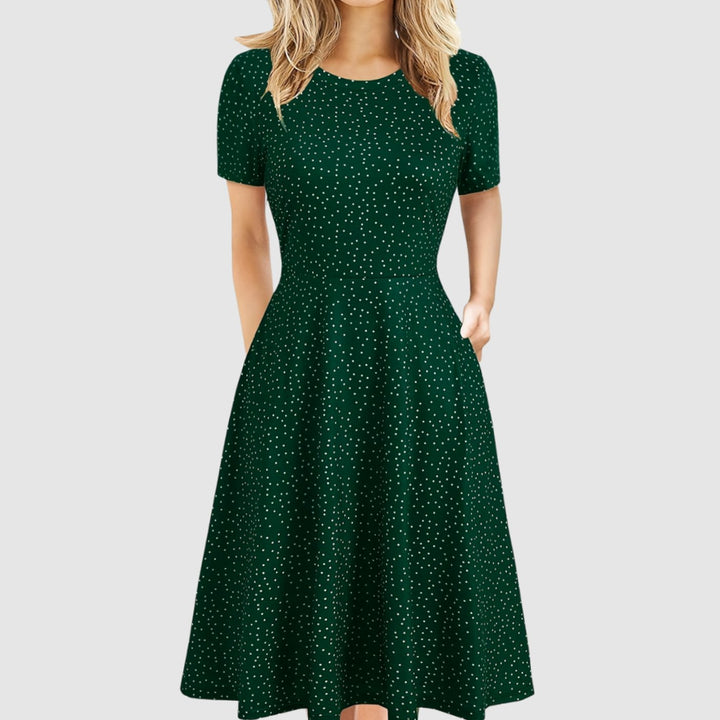 Women's Retro A-Line Short-Sleeve Round-Neck Summer Dress - Green Dot