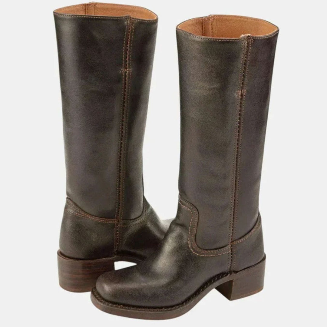 Women's Retro Knee-High Padded-Insole Western Riding Boots - Dark Brown