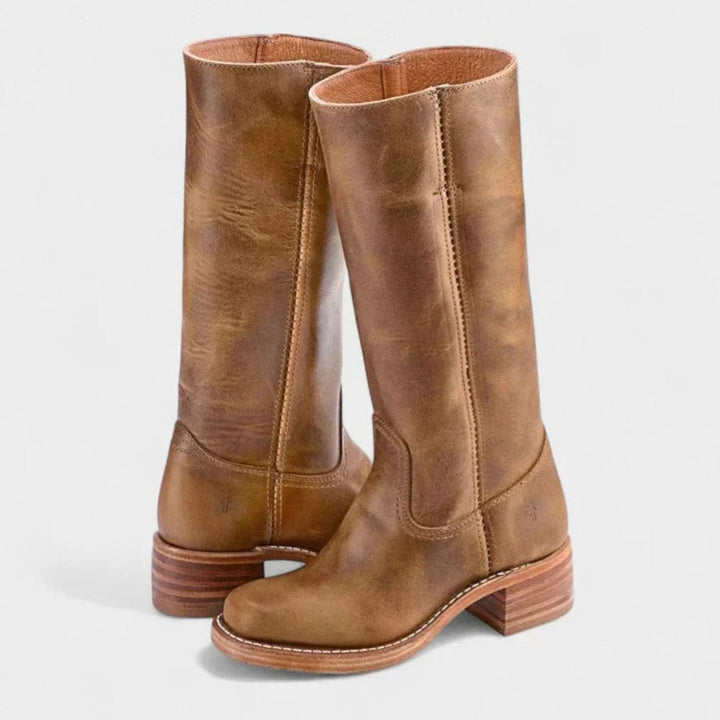 Women's Retro Knee-High Padded-Insole Western Riding Boots - Light Brown