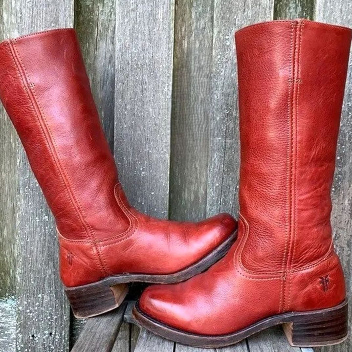 Women's Retro Knee-High Padded-Insole Western Riding Boots - Red