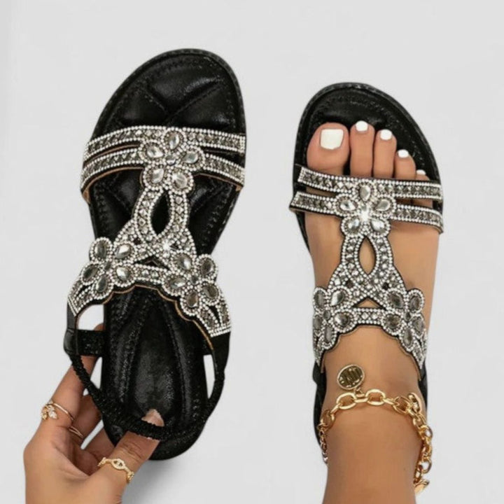 Women's Rhinestone Embellished Orthopedic Sandals Open-Toe Flat - Black