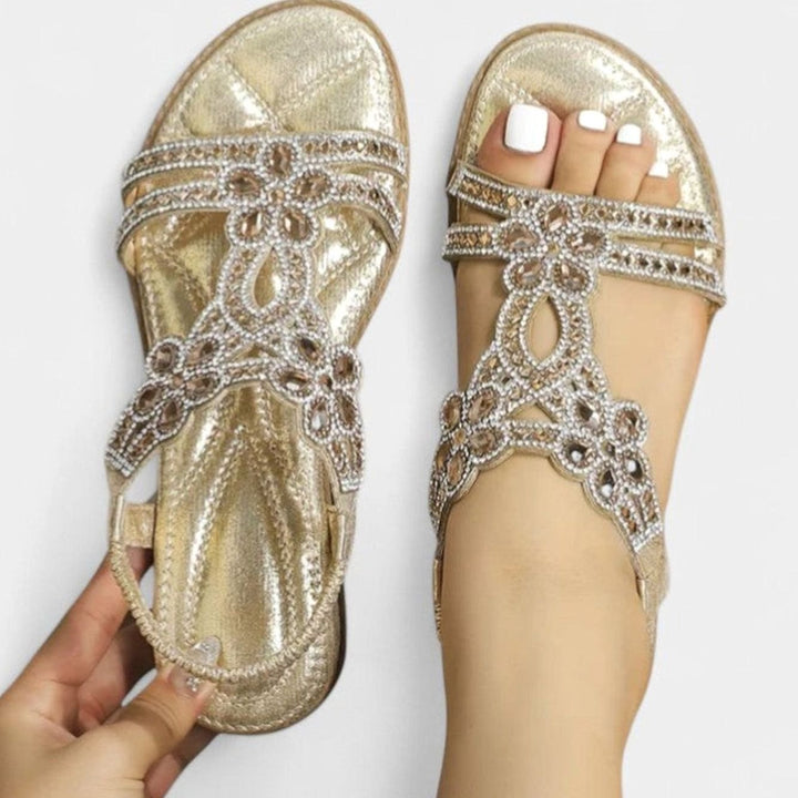 Women's Rhinestone Embellished Orthopedic Sandals Open-Toe Flat - Gold