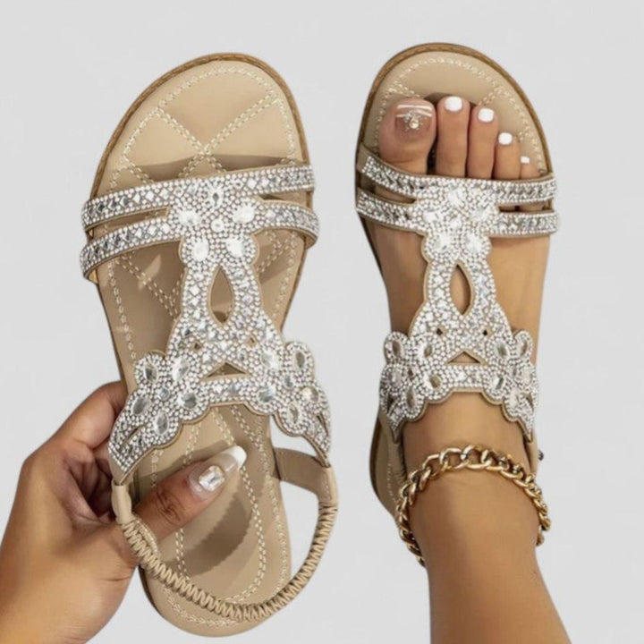 Women's Rhinestone Embellished Orthopedic Sandals Open-Toe Flat - Khaki
