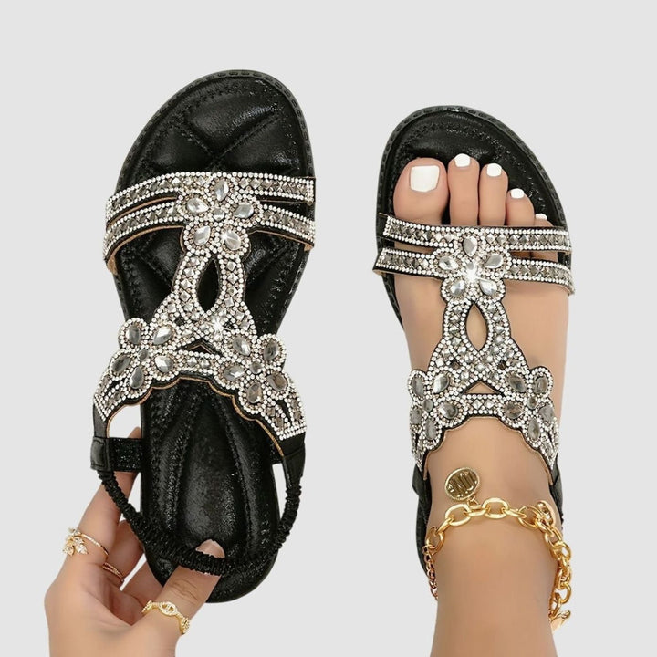 Women's Rhinestone Flat Slingback Orthopedic Sandals - Black