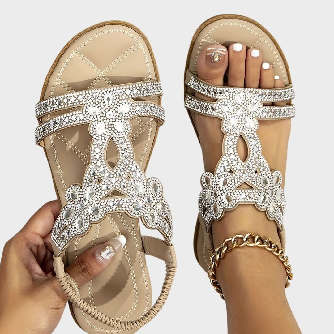 Women's Rhinestone Flat Slingback Orthopedic Sandals - Apricot