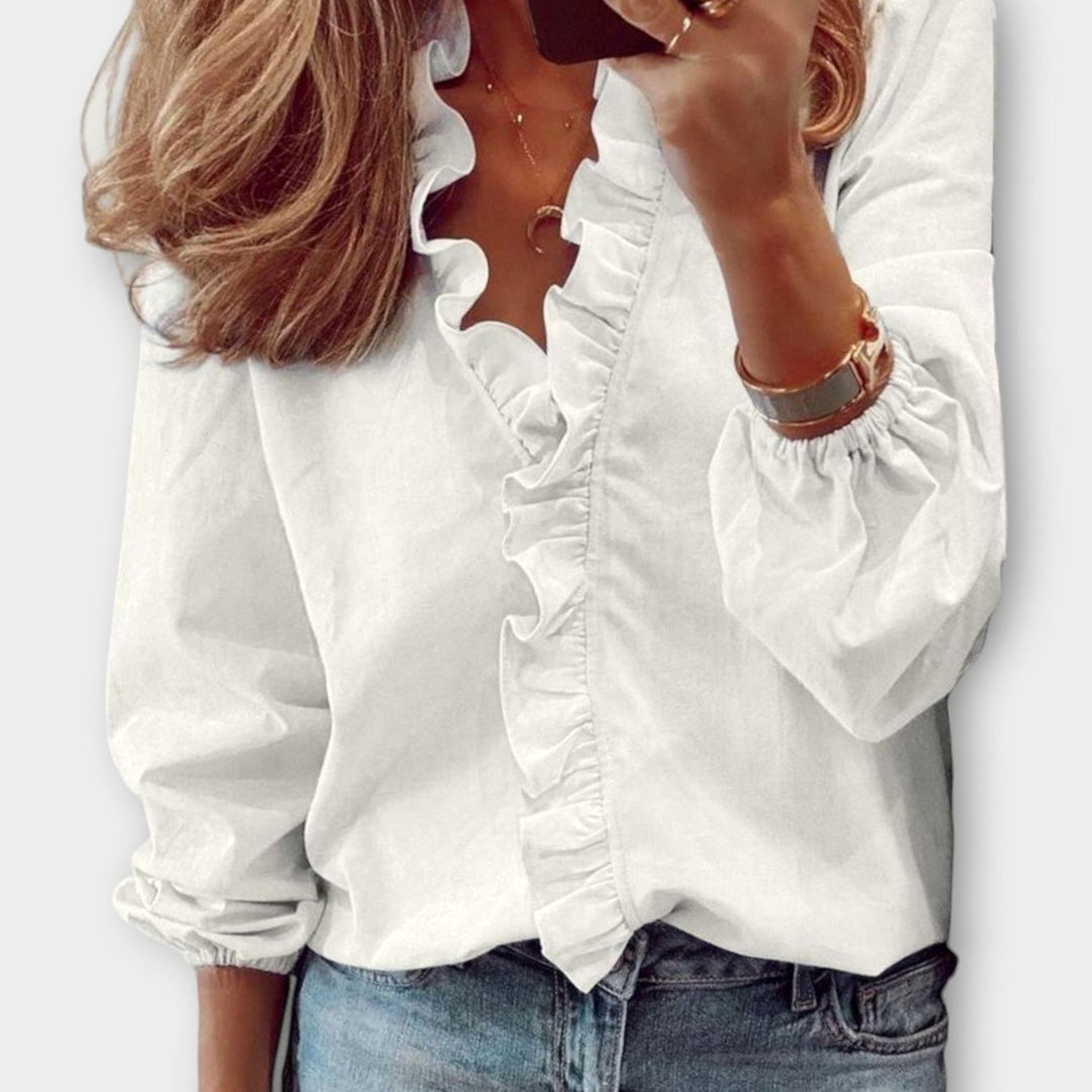 Women's Ruffle-Trim V-Neck Long-Sleeve Summer Blouse - White