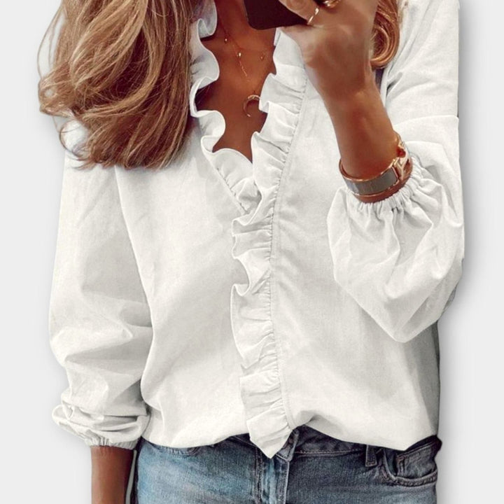 Women's Ruffle-Trim V-Neck Long-Sleeve Summer Blouse - White