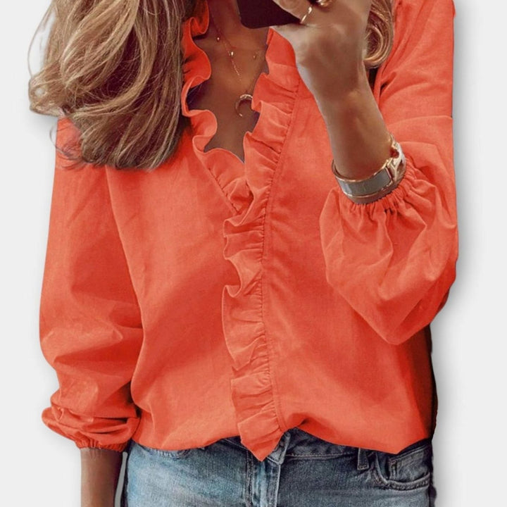 Women's Ruffle-Trim V-Neck Long-Sleeve Summer Blouse - Orange