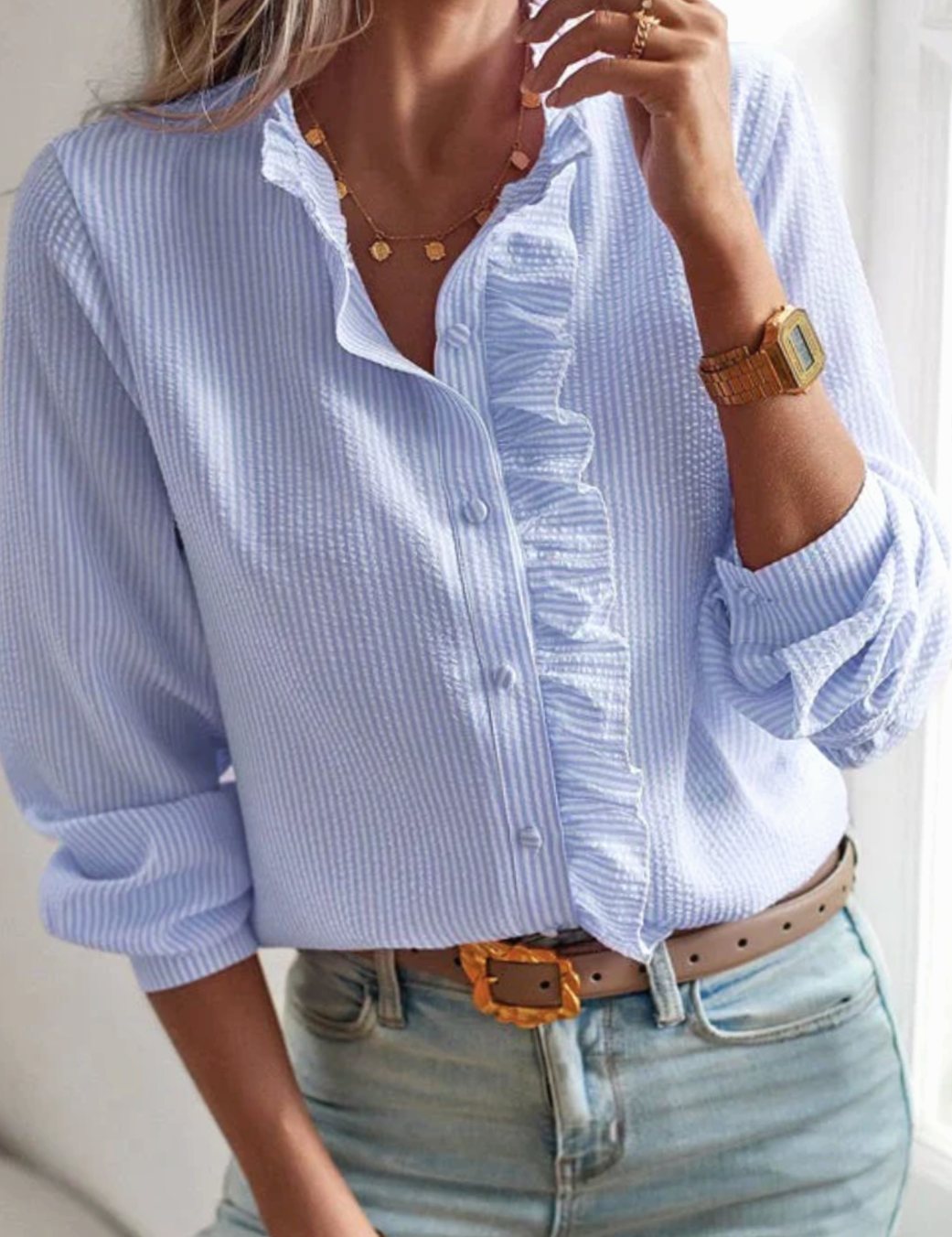 Women's Ruffled Button-Front Long-Sleeve Work Blouse - Blue