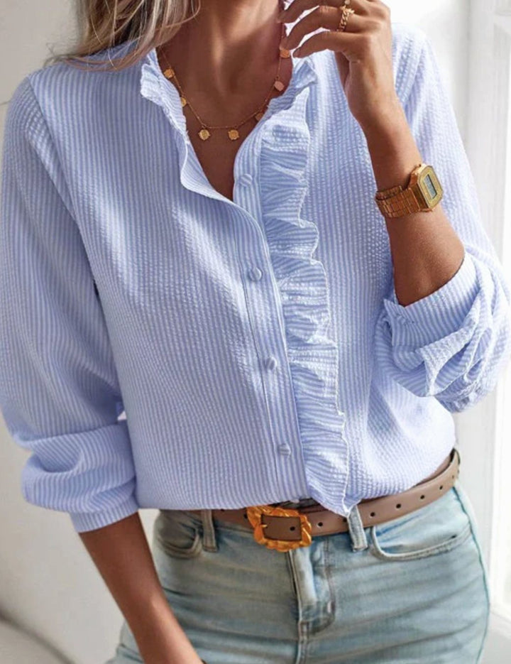 Women's Ruffled Button-Front Long-Sleeve Work Blouse - Blue