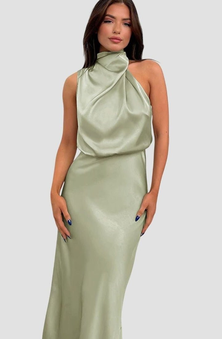 Women's Satin Halter Dress Sleeveless High-Neck Maxi Gown - Light Green