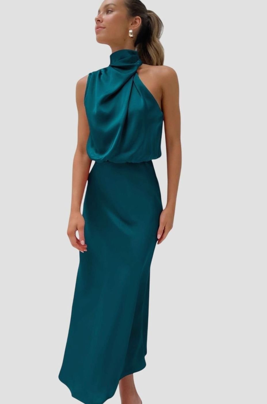 Women's Satin Halter Dress Sleeveless High-Neck Maxi Gown - Aqua Green