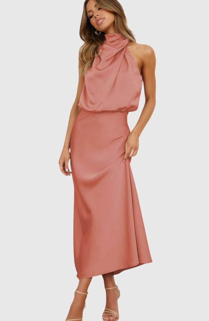 Women's Satin Halter Dress Sleeveless High-Neck Maxi Gown - Mauve