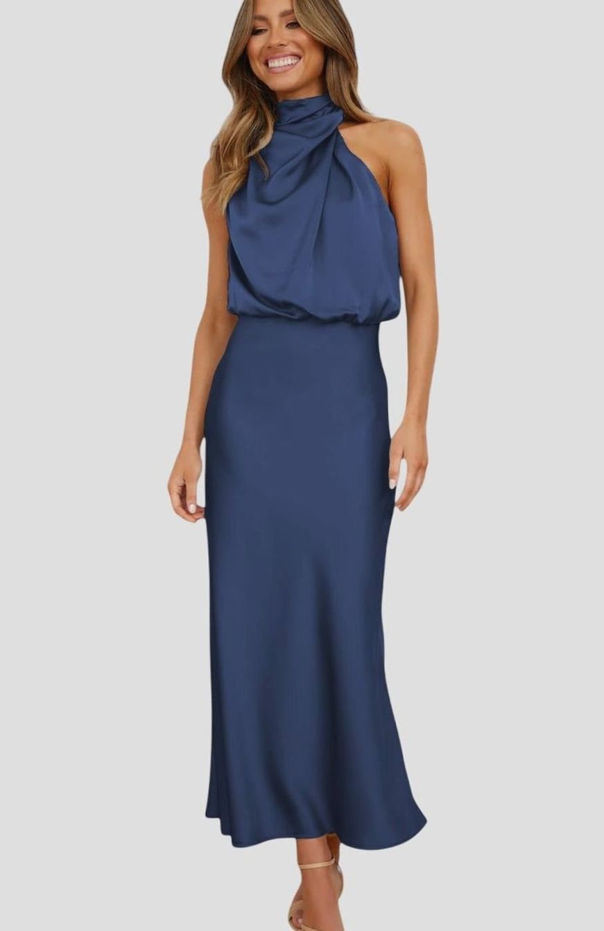 Women's Satin Halter Dress Sleeveless High-Neck Maxi Gown - Navy Blue