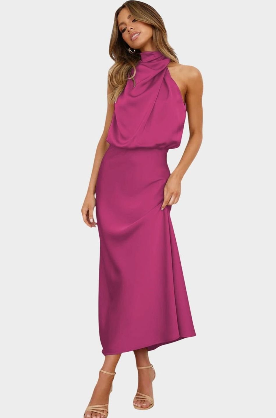 Women's Satin Halter Dress Sleeveless High-Neck Maxi Gown - Magenta