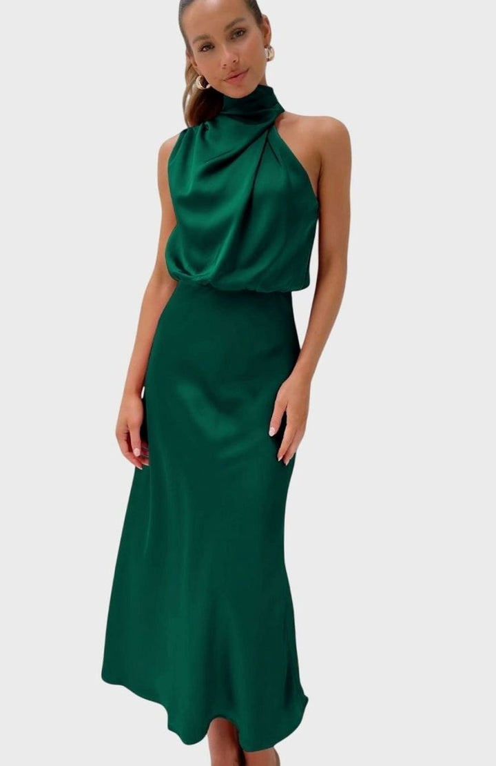Women's Satin Halter Dress Sleeveless High-Neck Maxi Gown - Green
