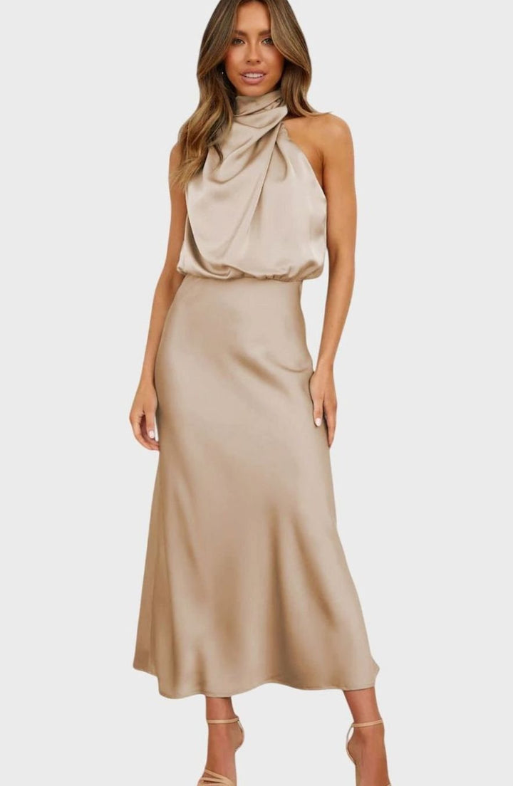Women's Satin Halter Dress Sleeveless High-Neck Maxi Gown - Beige