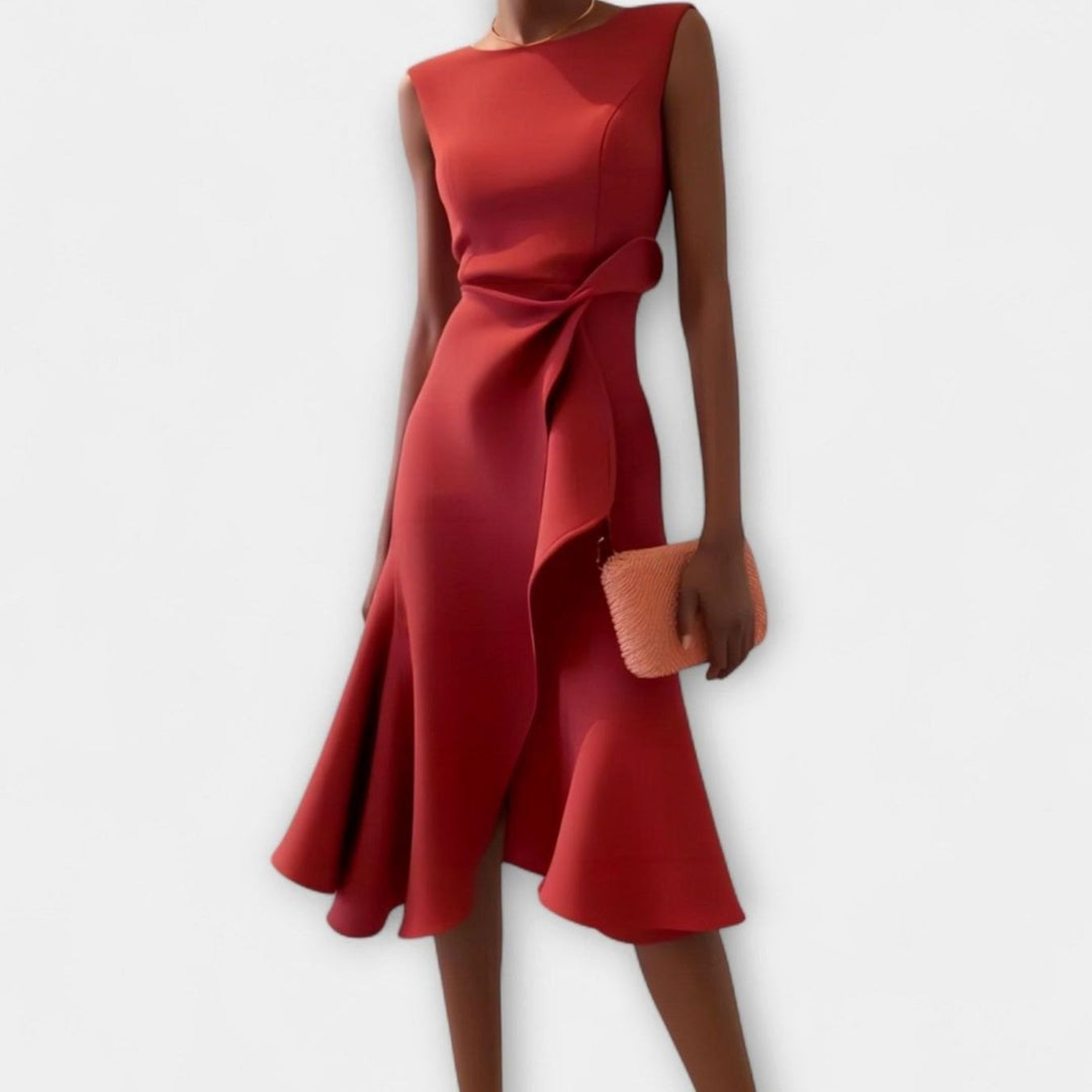 Women's Sleeveless Asymmetric Drape Flounce-Hem Midi Dress - Red