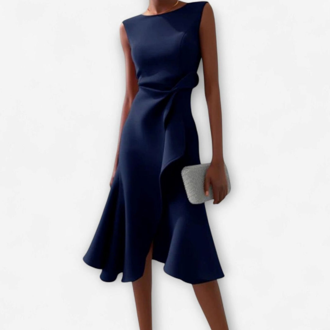 Women's Sleeveless Asymmetric Drape Flounce-Hem Midi Dress - Navy Blue